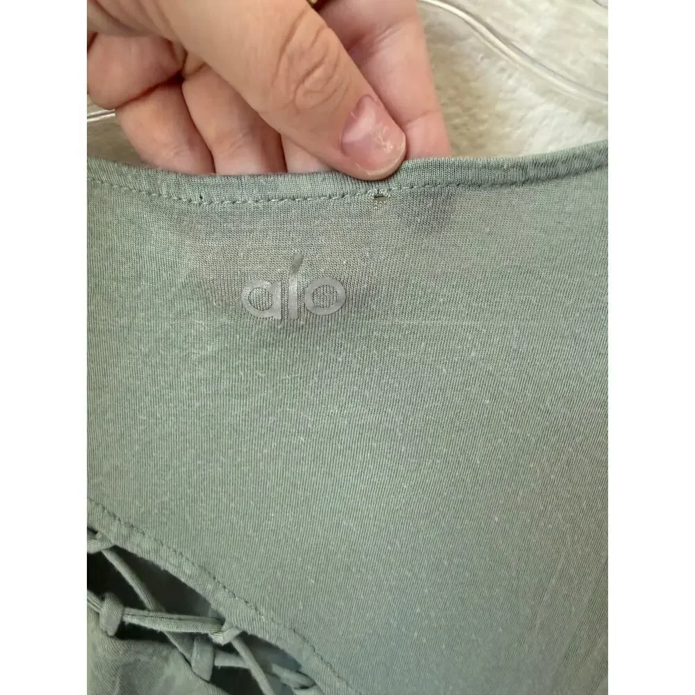 Alo Yoga Entwine Lace Back Short Sleeve Sage Green Top Size XS